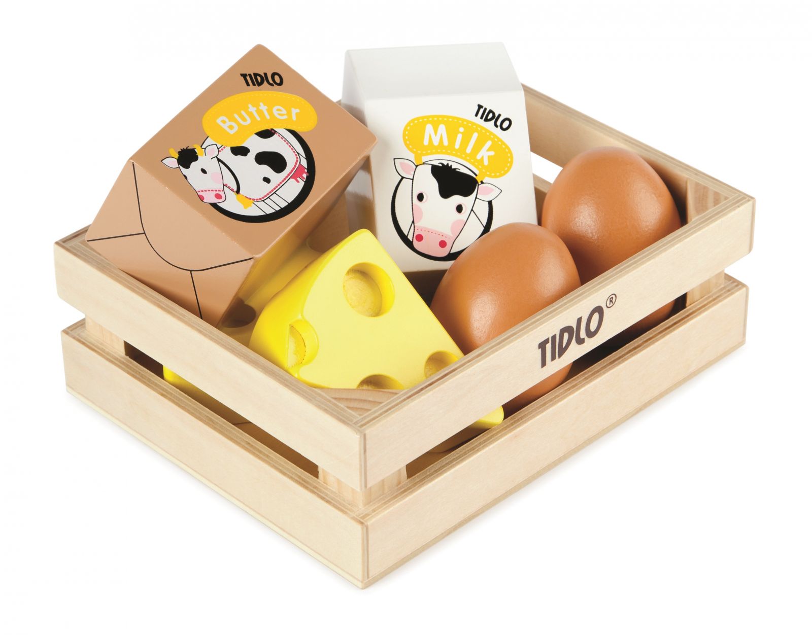 Dřevěné hračky Tidlo Dřevěná bedýnka s mléčnými výrobky a vejci