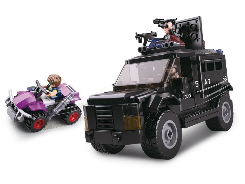 Dřevěné hračky Sluban Policie M38-B0653 SWAT vyzbrojený vůz a zloděj na 4-kolce