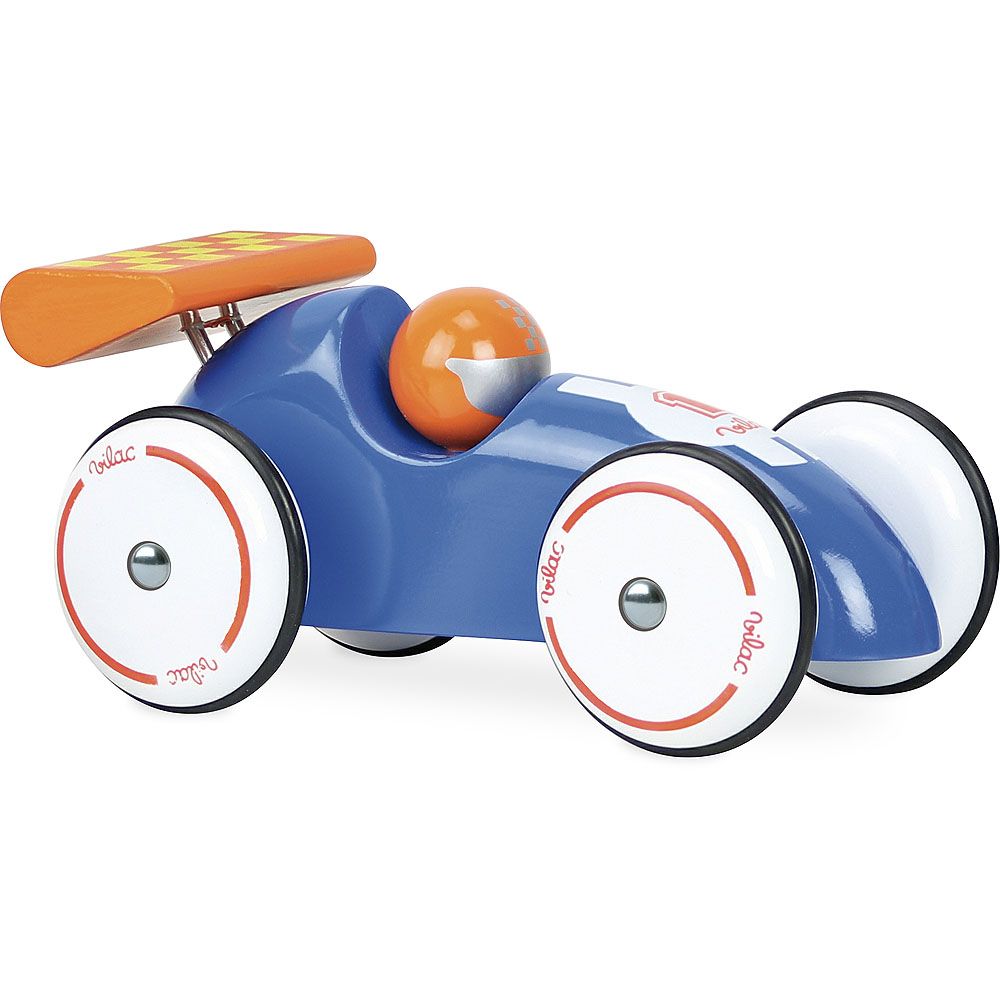 Dřevěné hračky Vilac Závodní auto XL modré s oranžovým křídlem