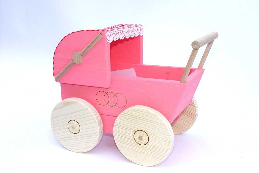 Dřevěné hračky Dřevěný kočárek pro panenky růžový Česká dřevěná hračka