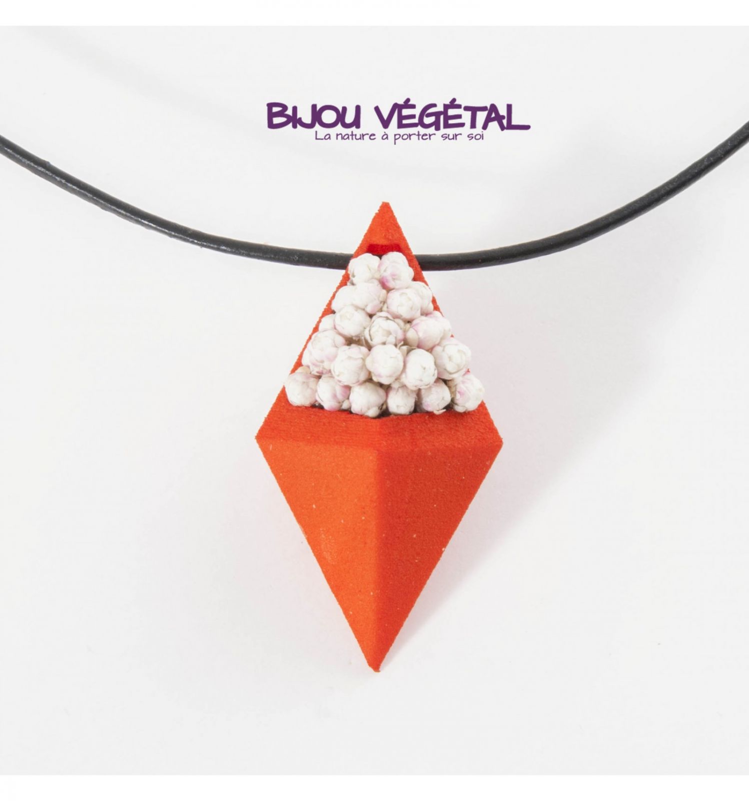 Dřevěné hračky Živé šperky - Náhrdelník Diamant oranžový s trvalými bílými květy Radis et Capucine