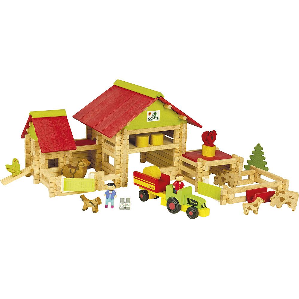 Dřevěné hračky Jeujura Dřevěna stavebnice 220 dílů Velká farma s traktorem a zvířátky