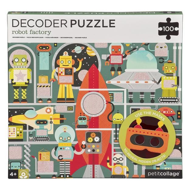 Dřevěné hračky Petit Collage Puzzle roboti 100 ks s 3D brýlemi