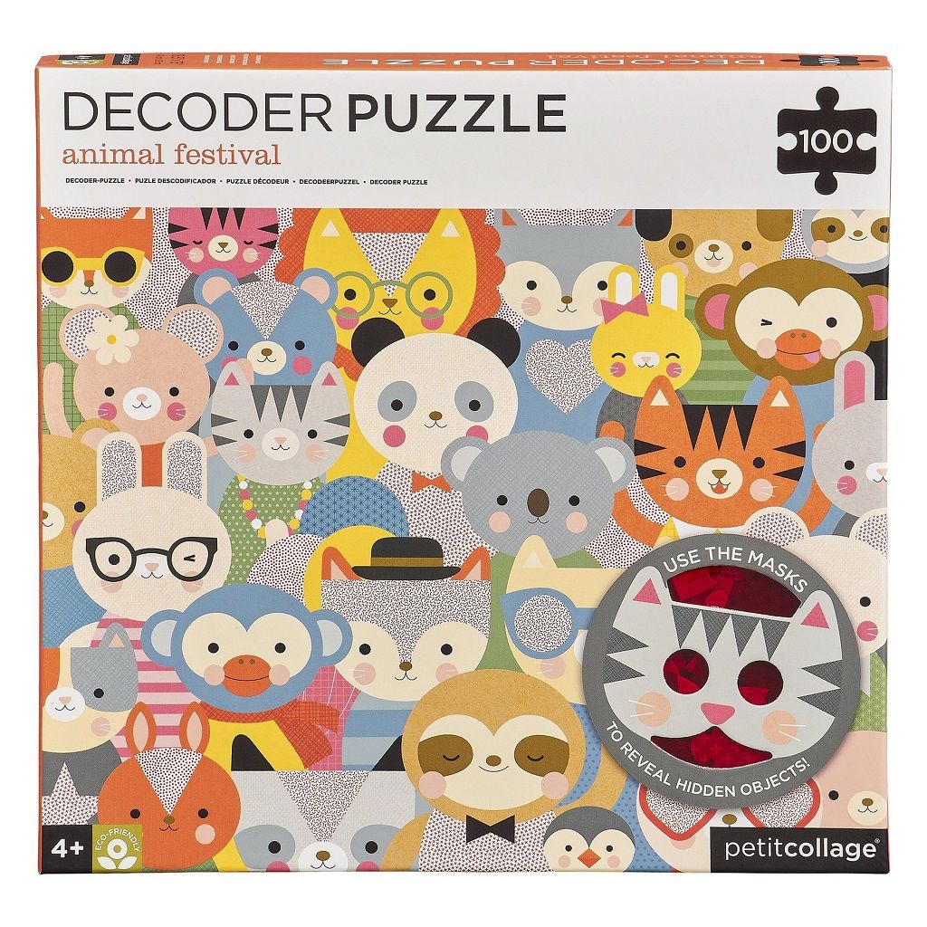 Dřevěné hračky Petit Collage Puzzle zvířátka 100 ks s 3D brýlemi