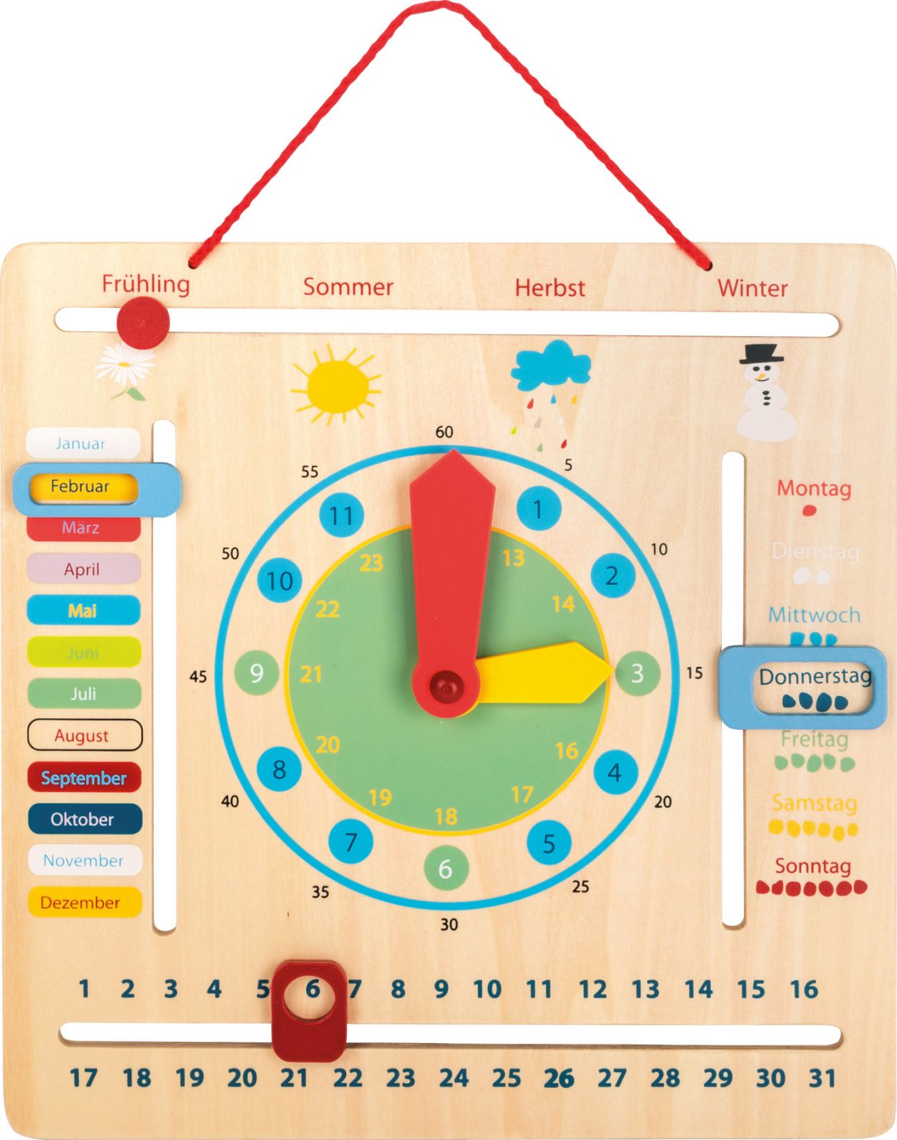 Dřevěné hračky small foot Edukativní kalendář s hodinami německý