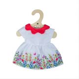 Dřevěné hračky Bigjigs Toys Bílé květinové šaty s červeným límečkem pro panenku 34 cm
