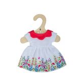 Dřevěné hračky Bigjigs Toys Bílé květinové šaty s červeným límečkem pro panenku 28 cm