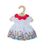 Dřevěné hračky Bigjigs Toys Bílé květinové šaty s červeným límečkem pro panenku 34 cm