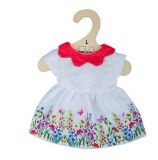 Dřevěné hračky Bigjigs Toys Bílé květinové šaty s červeným límečkem pro panenku 38 cm