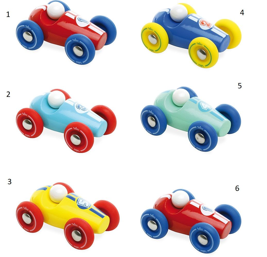 Dřevěné hračky Vilac Dřevěné závodní mini auto 1 ks červené s modrými koly