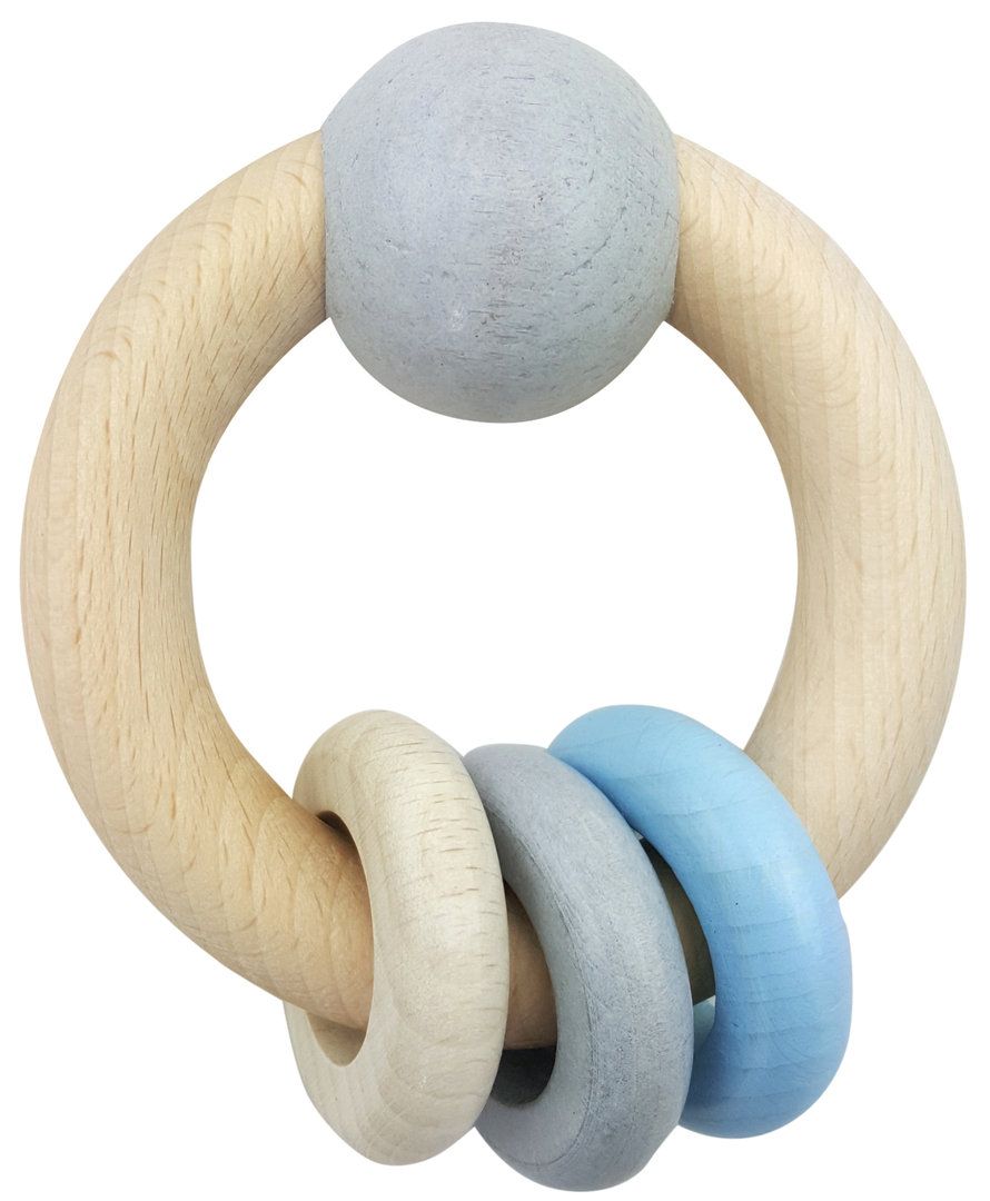 Dřevěné hračky Hess Kulaté chrastítko s kuličkou a kroužky modré