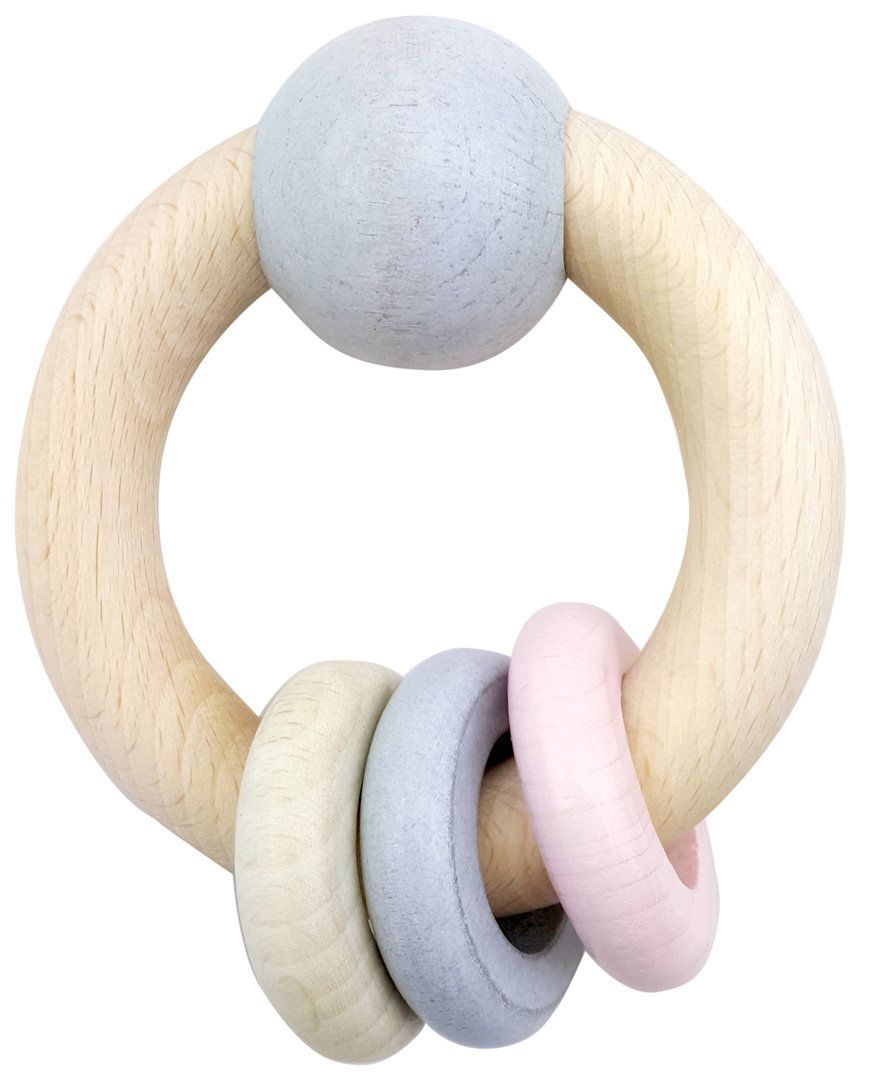 Dřevěné hračky Hess Kulaté chrastítko s kuličkou a kroužky růžové