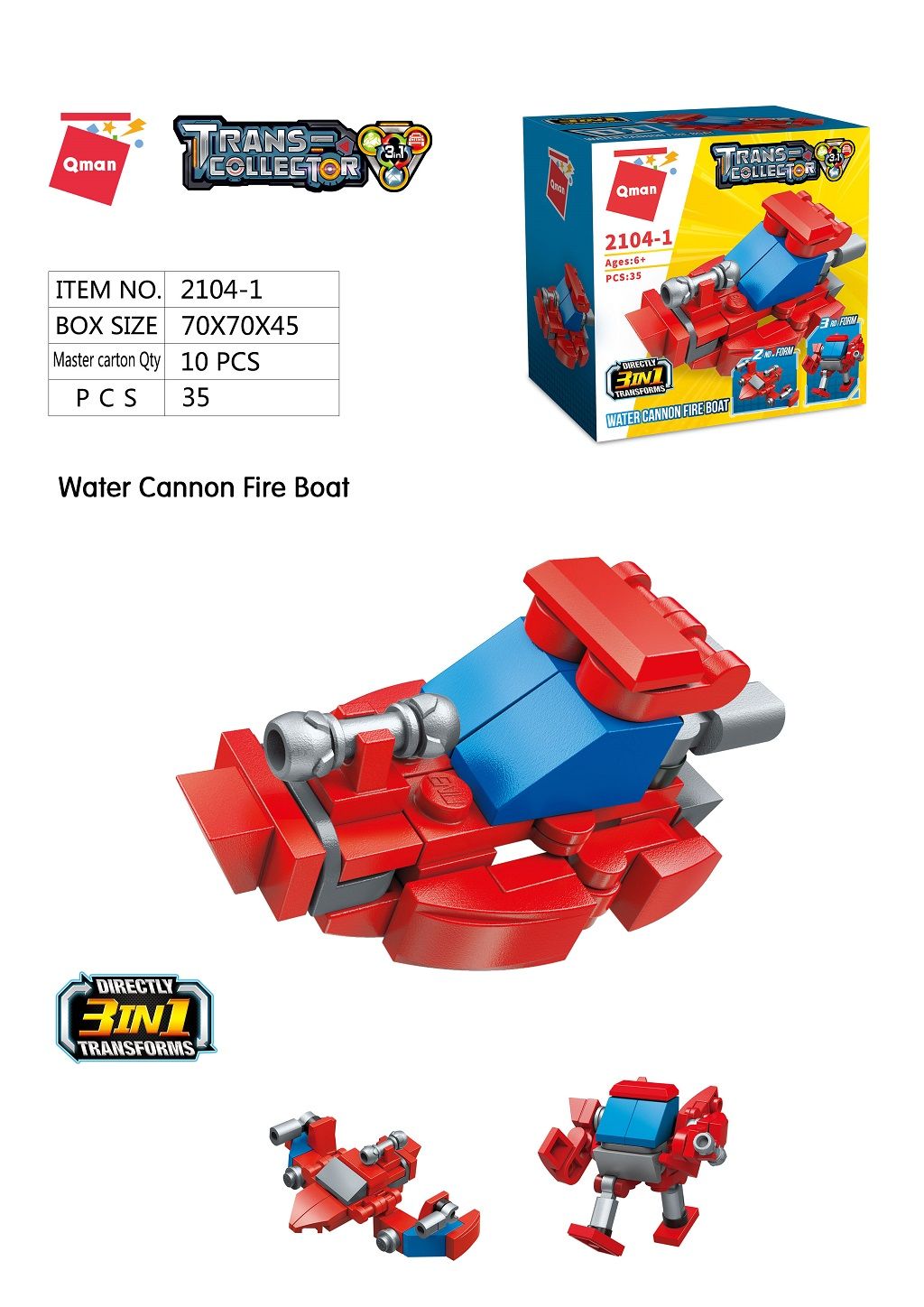 Dřevěné hračky Qman Trans Collector 3v1 2104-1 Loď s vodním dělem 3v1