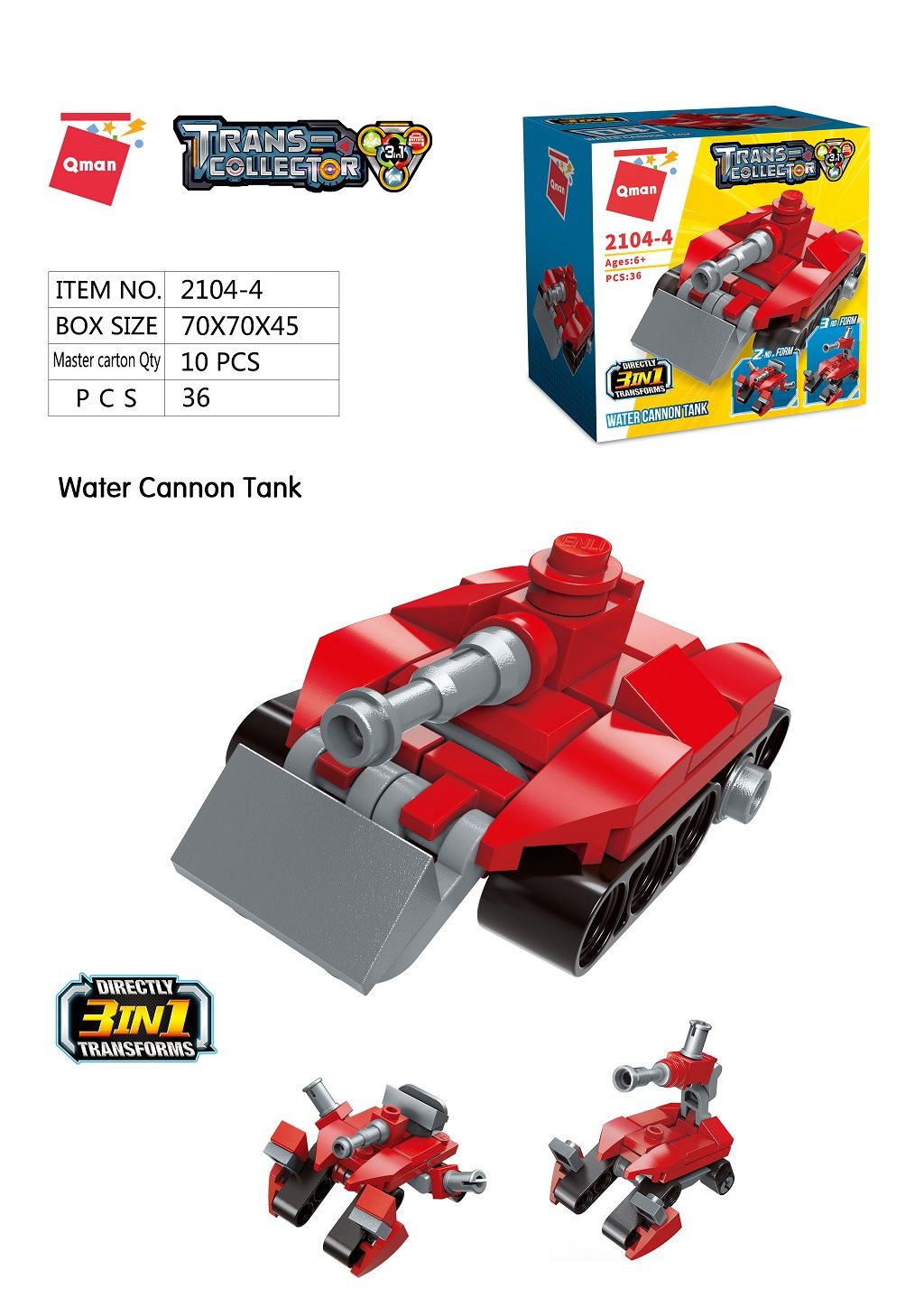 Dřevěné hračky Qman Trans Collector 3v1 2104-4 Tank s vodním dělem 3v1