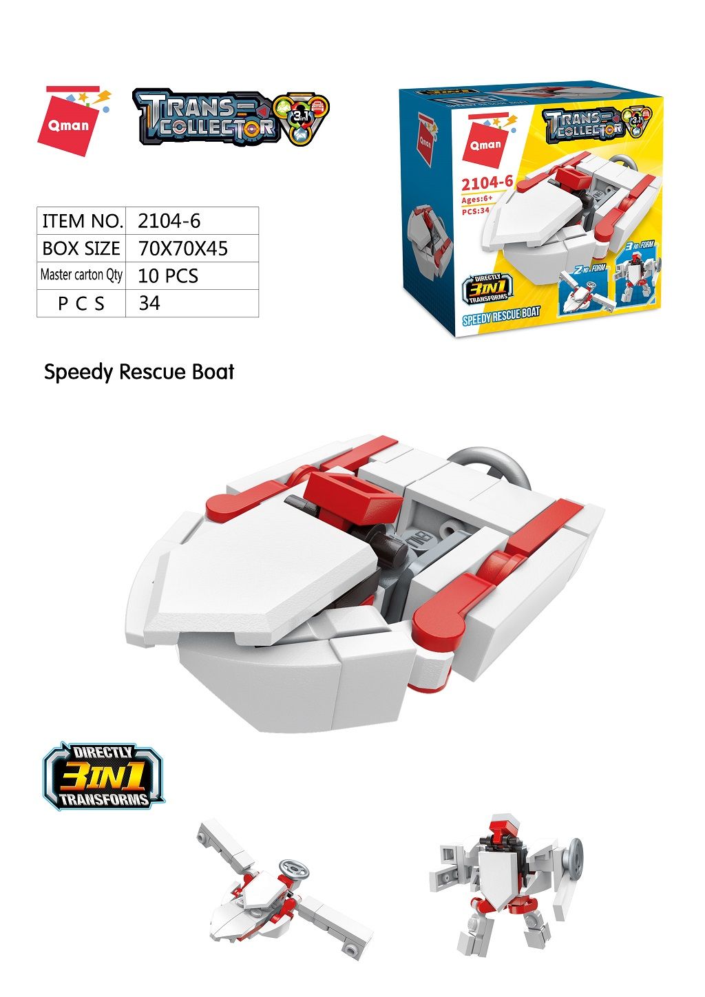 Dřevěné hračky Qman Trans Collector 3v1 2104-6 Záchranný člun Speedy 3v1