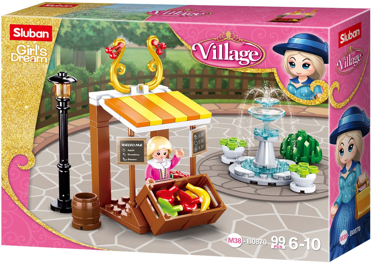 Dřevěné hračky Sluban Girls Dream Village M38-B0870 Dobový stánek s ovocem a fontána