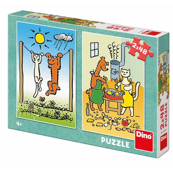 Dřevěné hračky Dino Puzzle Pejsek a kočička 2x48 dílků