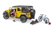 Dřevěné hračky Bruder Jeep Wrangler Rubicon s cyklistou a kolem