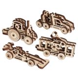 Dřevěné hračky Ugears 3D dřevěné mechanické puzzle 4 mechanické přívěšky Vozidla