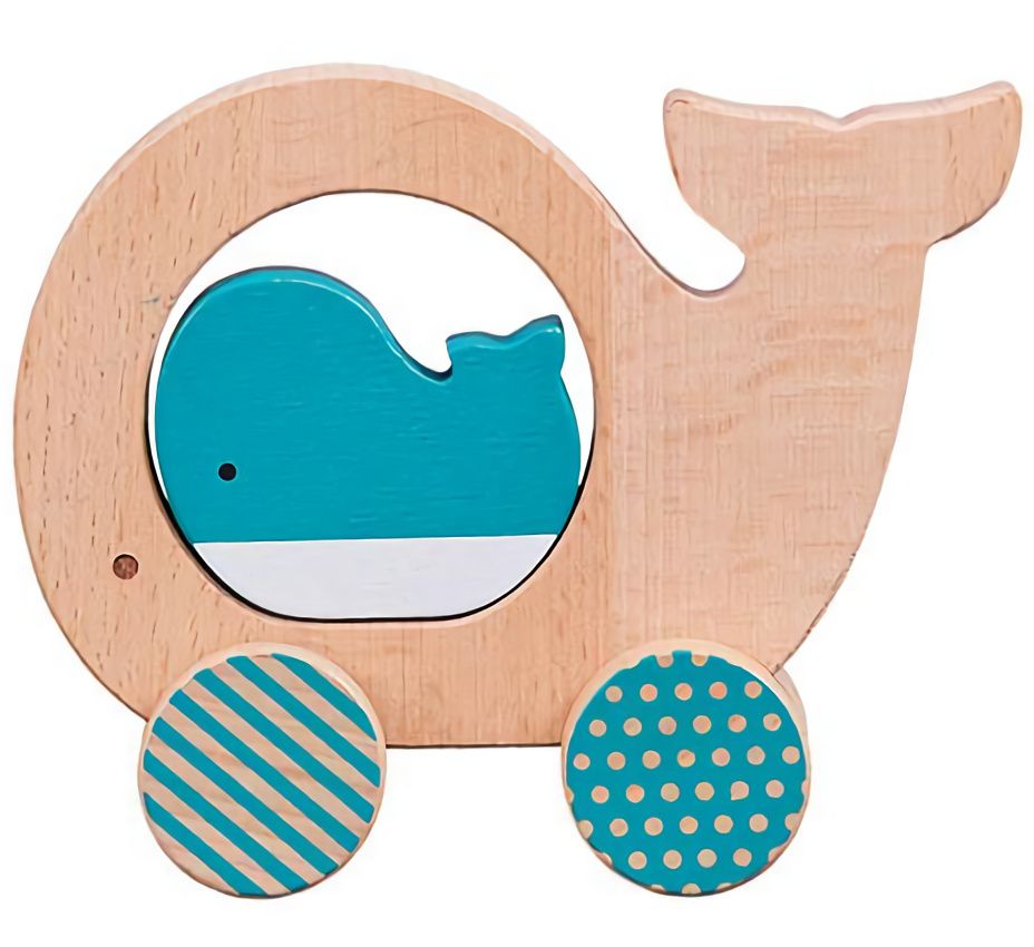 Dřevěné hračky Petit Collage Velryba a mládě na kolečkách