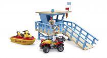 Dřevěné hračky Bruder Věž pobřežní hlídky se čtyřkolkou, skútrem a plavčíkem