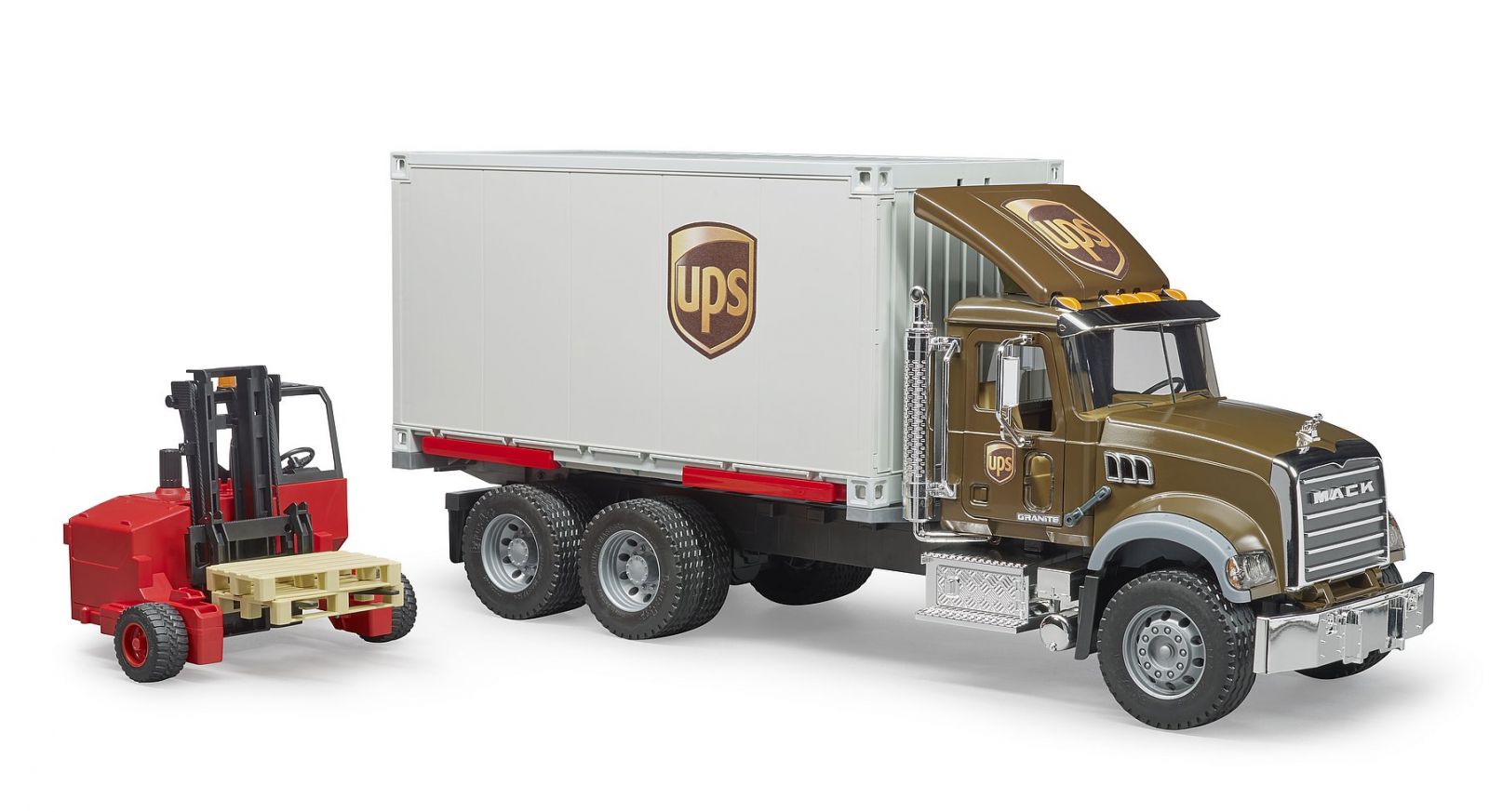 Dřevěné hračky Bruder Nákladní auto Mack UPS s vysokozdvižným vozíkem