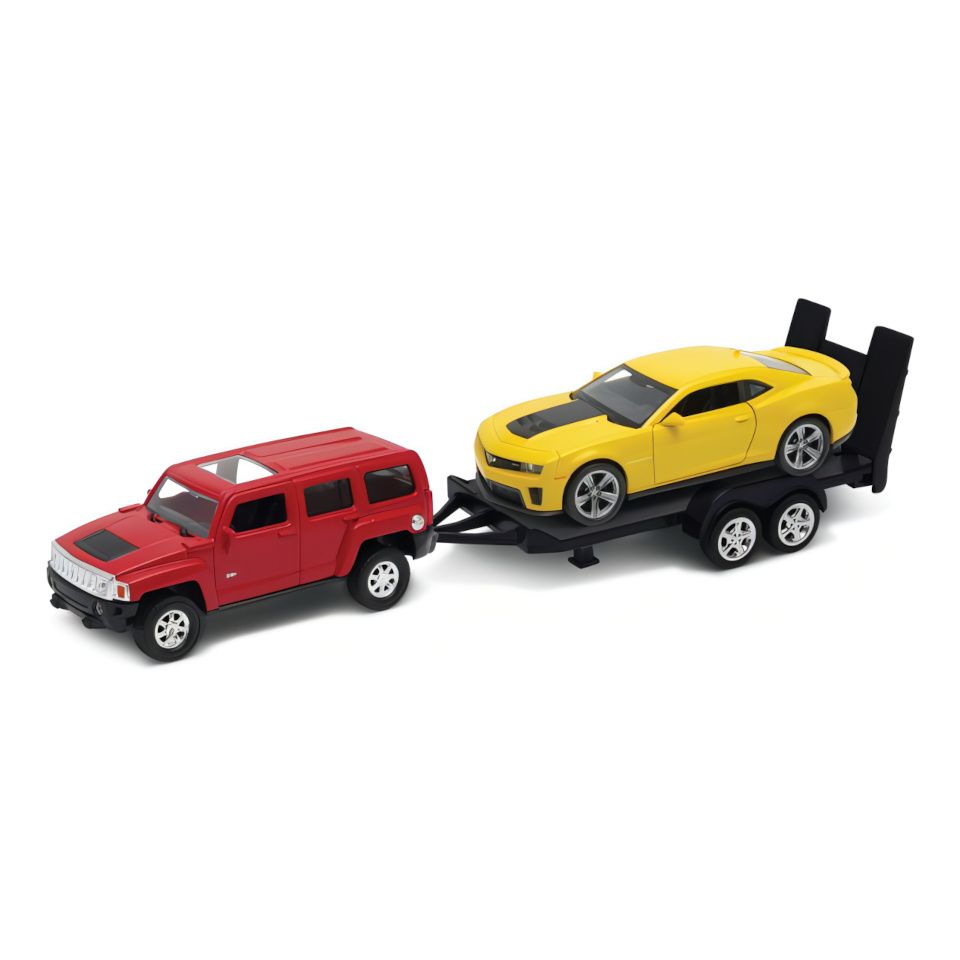 Dřevěné hračky Welly Autovlek Hummer H3 + Chevrolet Camaro ZL1 1:34