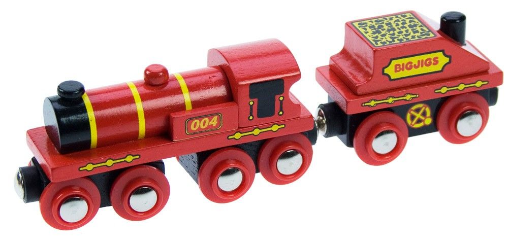 Dřevěné hračky Bigjigs Rail Červená lokomotiva s tendrem + 3 koleje