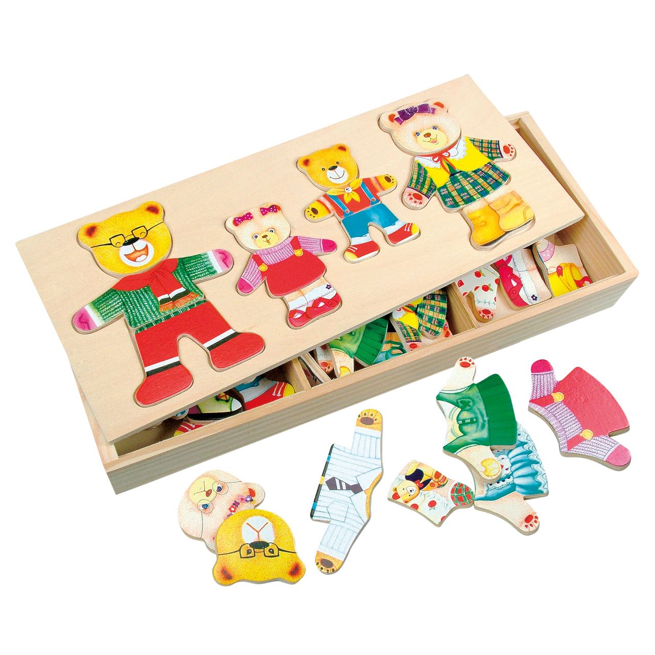 Dřevěné hračky Bino šatní skříň - medvědí rodinka