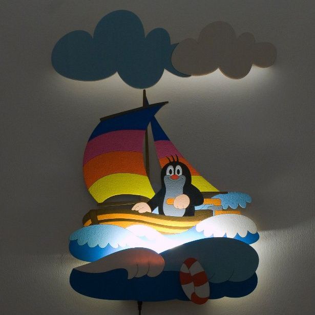 Dřevěné hračky DoDo Dětská LED lampička Krtek na lodi (s dálkovým ovladačem)