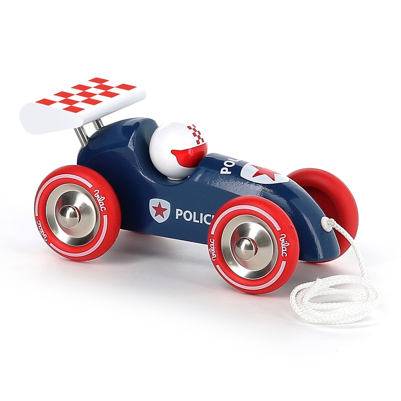 Dřevěné hračky Vilac Tahací závodní auto s křídlem policejní