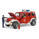 Dřevěné hračky Bruder Červený požární JEEP WRANGLER s figurkou a příslušenstvím