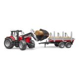 Dřevěné hračky Bruder Traktor Massey Ferguson 7480 s čelním nakladačem a přepravníkem klád