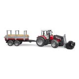 Dřevěné hračky Bruder Traktor Massey Ferguson 7480 s čelním nakladačem a přepravníkem klád