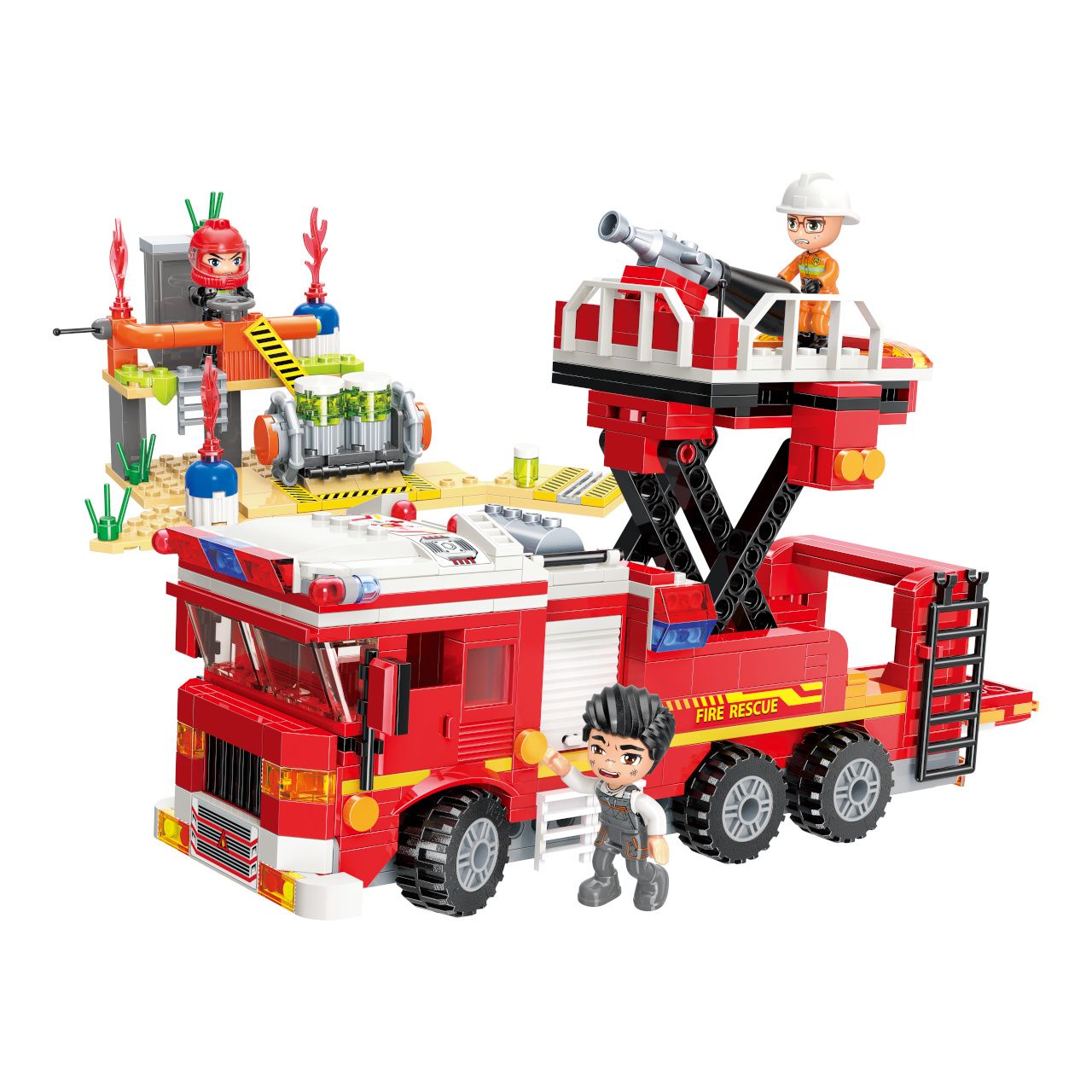 Dřevěné hračky Qman Mine City Fire Line W12013 Cisternová automobilová stříkačka s plošinou
