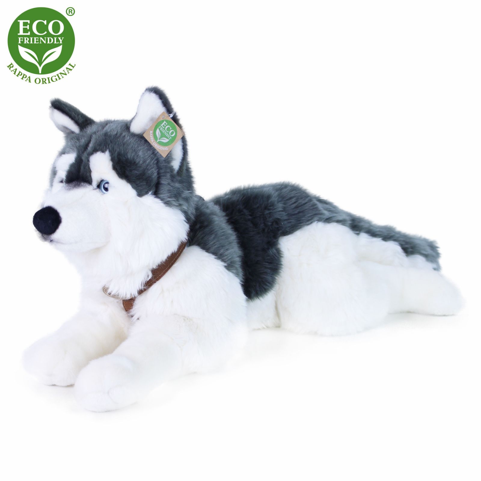 Dřevěné hračky Rappa Plyšový pes husky s obojkem ležící 60 cm ECO-FRIENDLY
