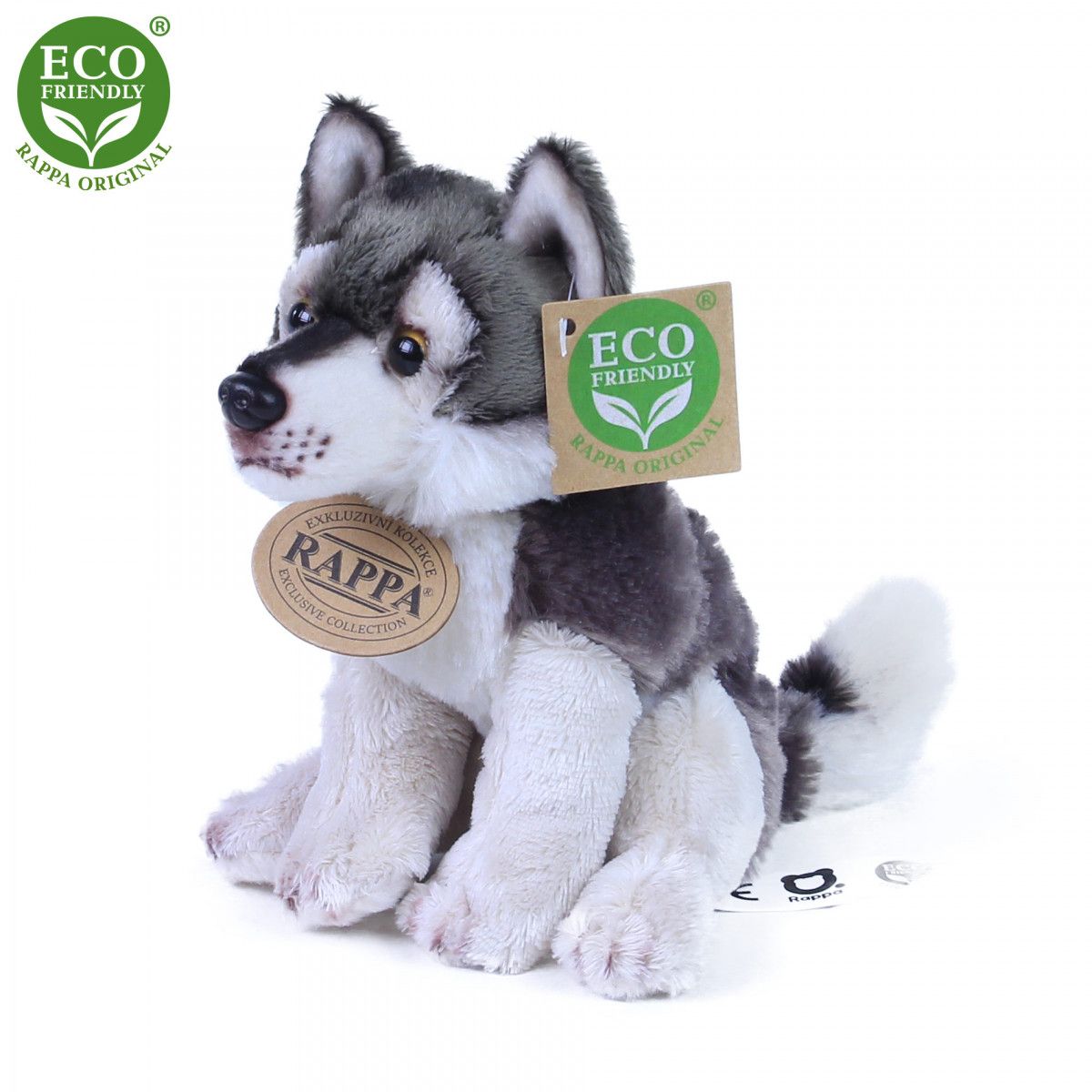 Dřevěné hračky Rappa Plyšový vlk sedící 15 cm ECO-FRIENDLY
