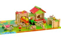 Dřevěné hračky Jeujura Dřevěná stavebnice 130 dílů Moje první velká farma, traktor a přívěs