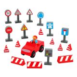 Dřevěné hračky Jeujura Dřevěné figurky ke stavebnicím Řidič s autíčkem a příslušenstvím 20 dílů