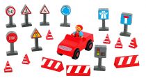 Dřevěné hračky Jeujura Dřevěné figurky ke stavebnicím Řidič s autíčkem a příslušenstvím 20 dílů