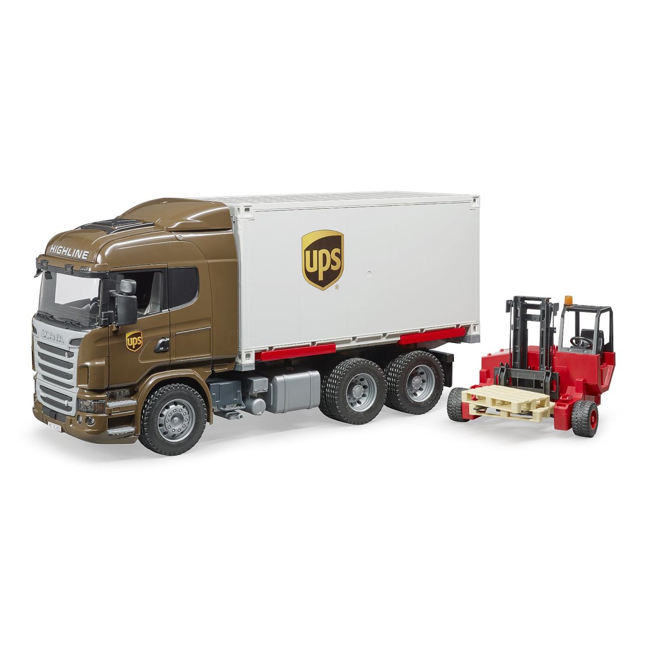Dřevěné hračky Bruder Nákladní auto Scania R UPS s vysokozdvižným vozíkem