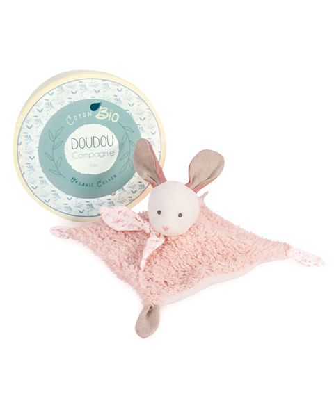 Dřevěné hračky Doudou Dárková sada - Plyšový králíček s růžovou dečkou z BIO bavlny 25 cm Doudou et Compagnie Paris