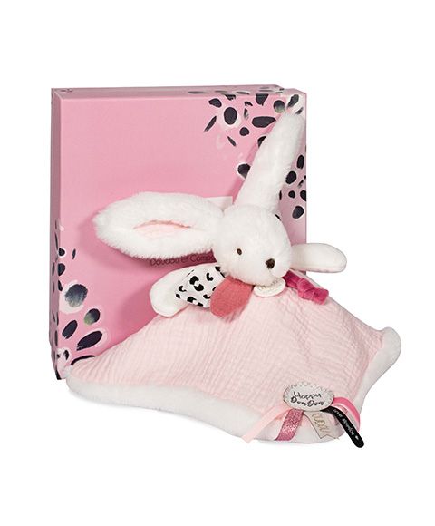 Dřevěné hračky Doudou Dárková sada růžová - králíček s čtvercovou dečkou 25 cm Doudou et Compagnie Paris