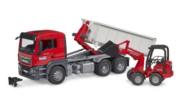Dřevěné hračky Bruder Nákladní automobil MAN TGS s kontejnerem a nakladačem Schäffer Hoflader