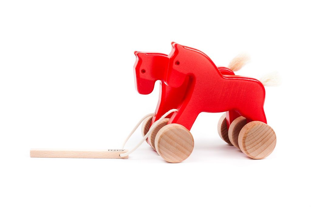 Dřevěné hračky Bajo Tahací Skákací koně červená