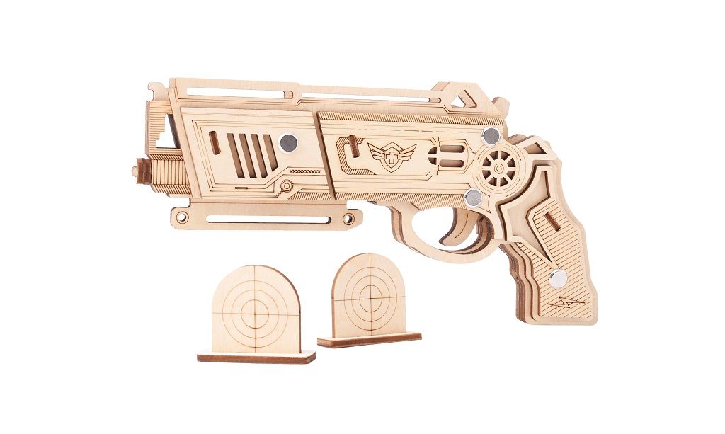 Dřevěné hračky Woodcraft Dřevěné 3D puzzle Zbraň na gumičky Falcon přírodní Woodcraft construction kit