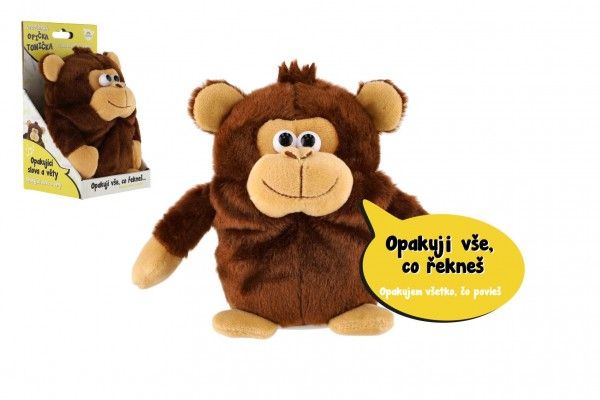 Dřevěné hračky Opička Tonička opakující věty plyš 18cm na baterie se zvukem v krabici 12x20x10cm v sáčku Teddies