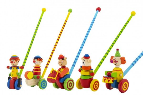 Dřevěné hračky Strkadlo klaun tlačící 60cm dřevo s tyčkou mix barev v sáčku 12m+ Teddies