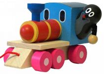 Dřevěné hračky Krtek a mašinka/vlak dřevo 12cm tahací v krabičce Detoa