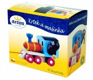 Dřevěné hračky Krtek a mašinka/vlak dřevo 12cm tahací v krabičce Detoa